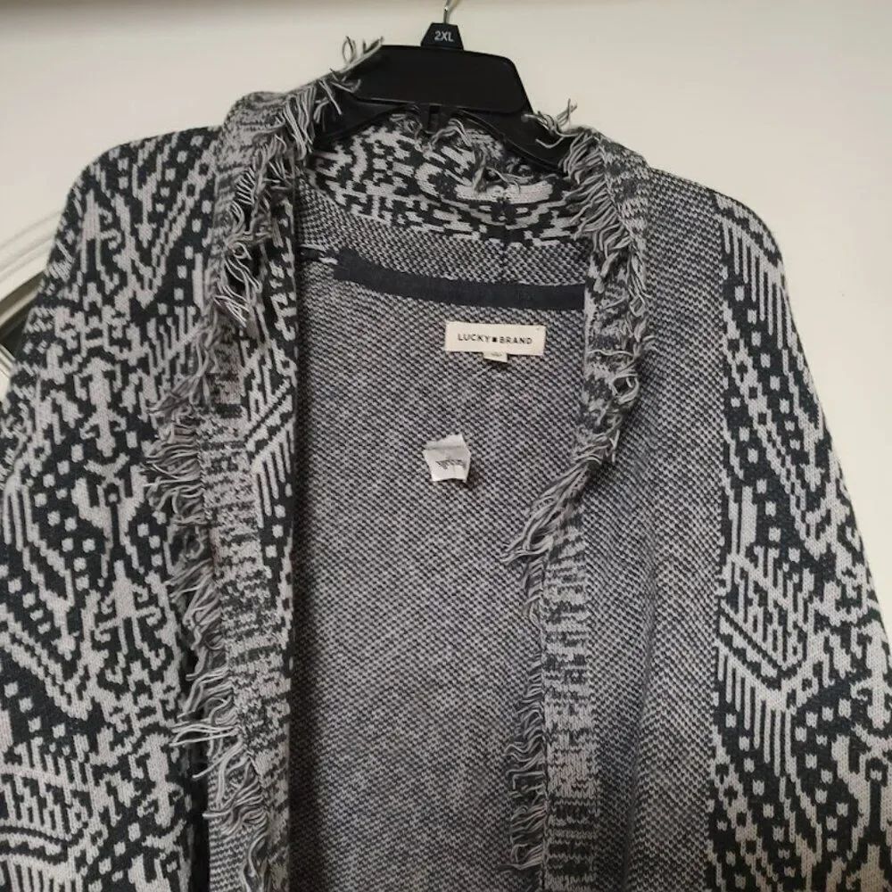 New Lucky Brand Gray Fringe Open Front Long Sleeve Cardigan Size Women's L - Picture 2 of 2